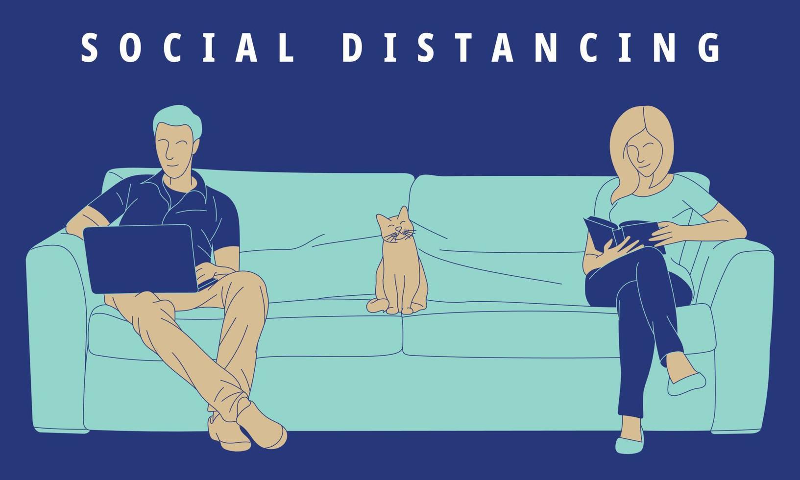 Illustration eines jungen Paares, das von zu Hause aus arbeitet. soziale Distanzierung. vektor