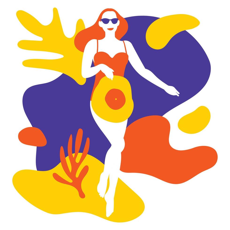 ung kvinna en baddräkt avkopplande på sommaren. vektor illustration.