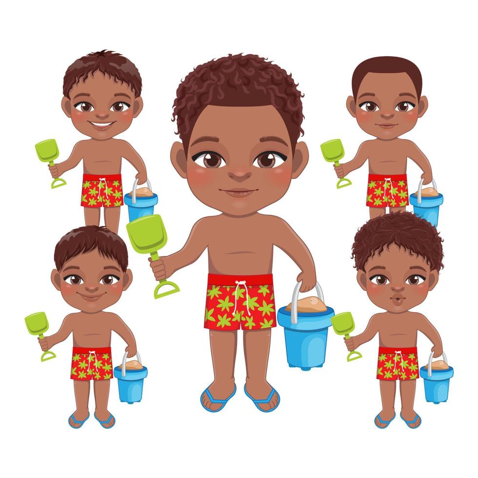 Strand schwarzer Junge in den Sommerferien. amerikanische afrikanische kinder, die sandeimer-cartoon-charakter-design-vektor halten vektor