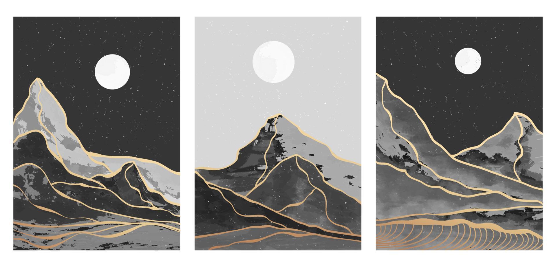 mitten av århundradet modern berg konsttryck. abstrakta samtida estetiska bakgrunder landskap. illustration svart och vitt av berg, måne och flod på set vektor