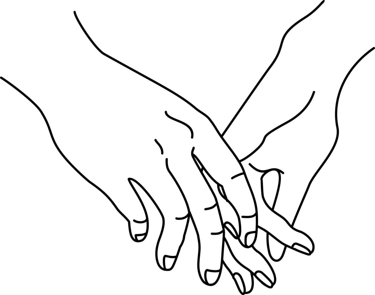 händerna på ett par håller varandra, vilket betyder samhörighet och tillgivenhet. en siluettillustration i en enkel ritning. linjär ritning. grattis på alla hjärtans dag. vykort, affisch vektor