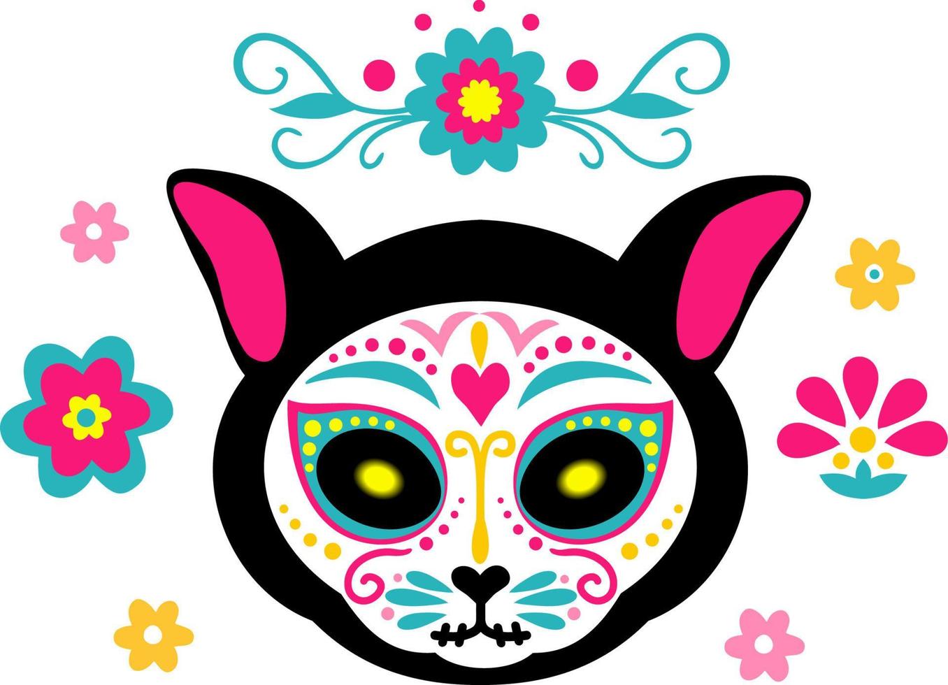 mexikansk död katt. kattskalle sockerhuvud färgglad semestervektorillustration för de dödas dag, ben skelett dia de los muertos husdjursfestteckningar vektor