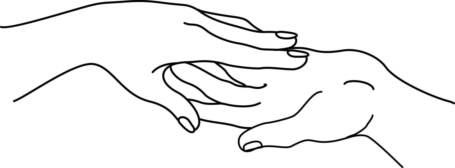 zwei Hände. romantische Berührung von Palmen von Liebhabern, Symbol des Familienschutzes, Liebesvektor-Illustrationskonzept der Zusammengehörigkeit Hand in Hand. einander lieben vektor