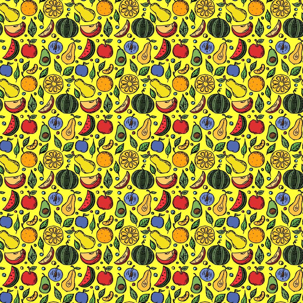 sömlös frukt mönster färgad doodle bakgrund med frukt ikoner frukt bakgrund vektor