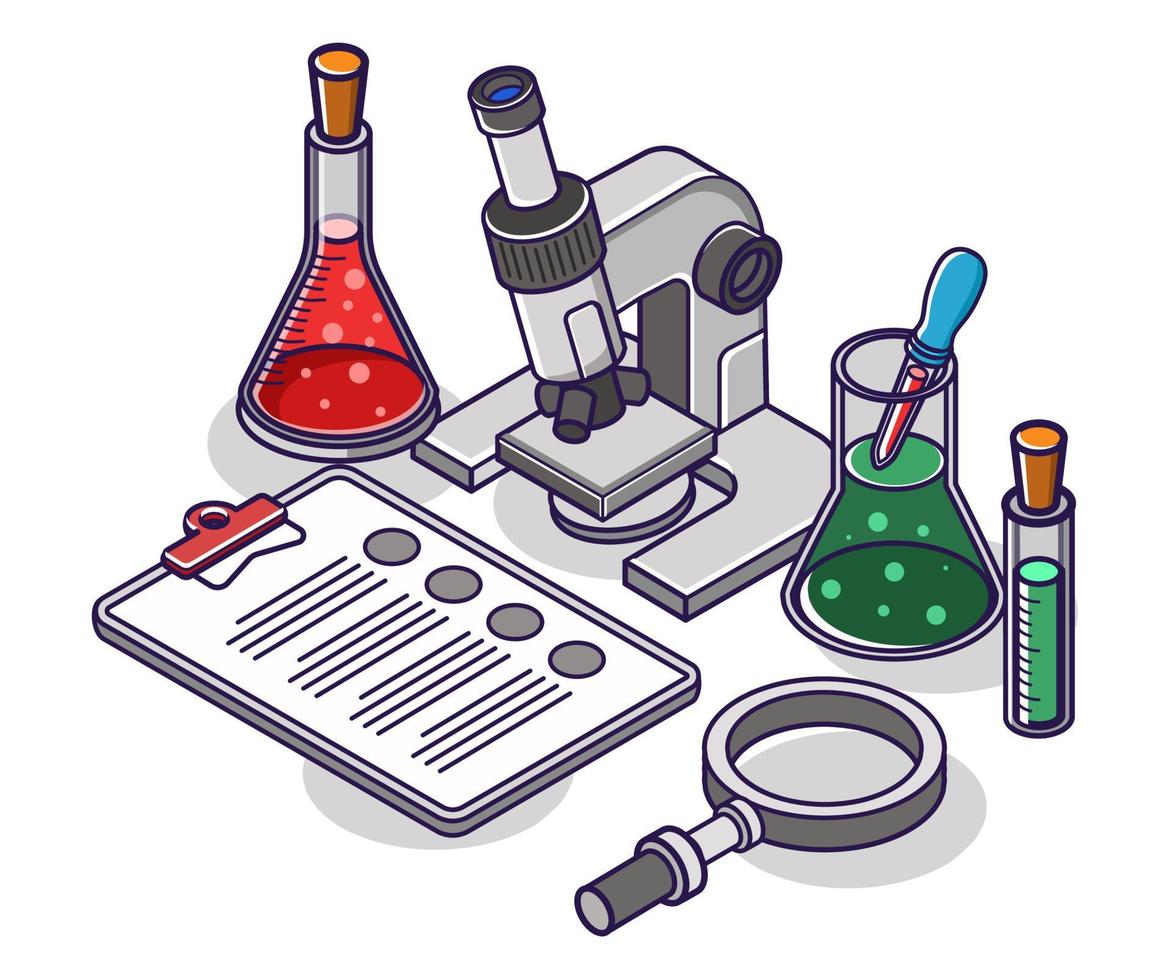 platt isometrisk konceptillustration. experimentellt laboratoriemikroskop och glasflaska vektor