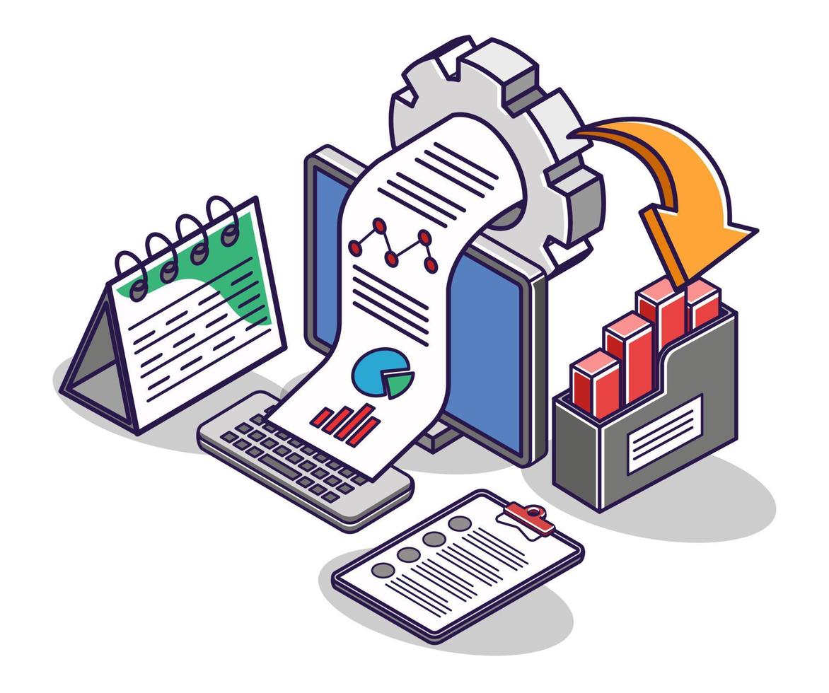 flache isometrische konzeptillustration. Fortschritte bei der Analyse von Investitionsgeschäftsdaten vektor