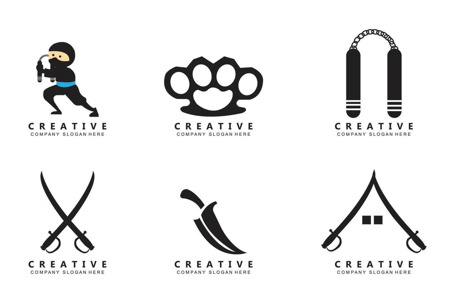 Samurai-Schwert-Ninja-Logo-Design, Cartoon-Illustration und Kriegswaffen vektor