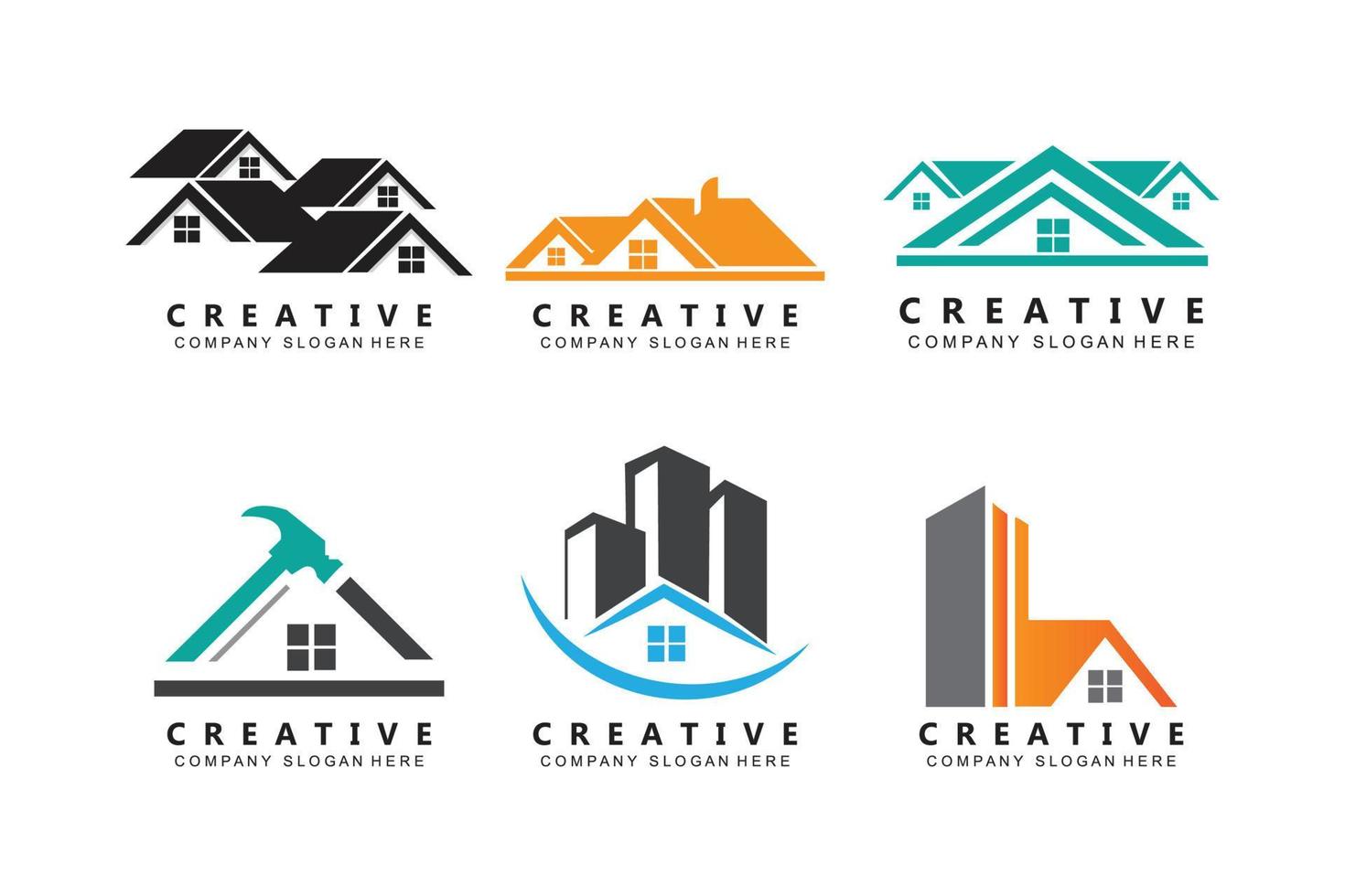 stadsbyggnad konstruktion logotyp ikon symbol, hus, lägenhet, stadsvy vektor