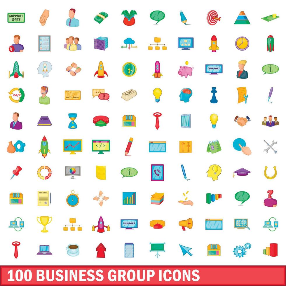100 Business Group Icons Set, Cartoon-Stil vektor