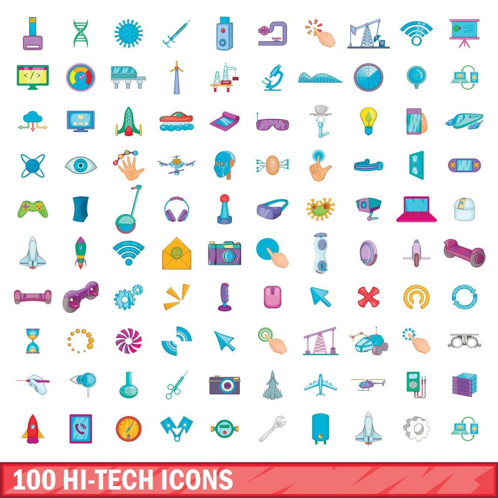 100 Hi-Tech-Symbole im Cartoon-Stil vektor