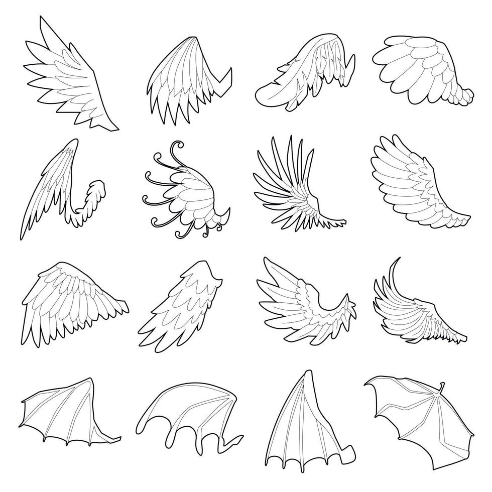 Verschiedene Flügelsymbole gesetzt, Umrissstil vektor