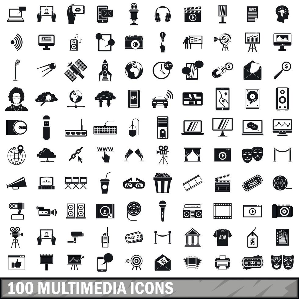 100 Multimedia-Icons im einfachen Stil vektor