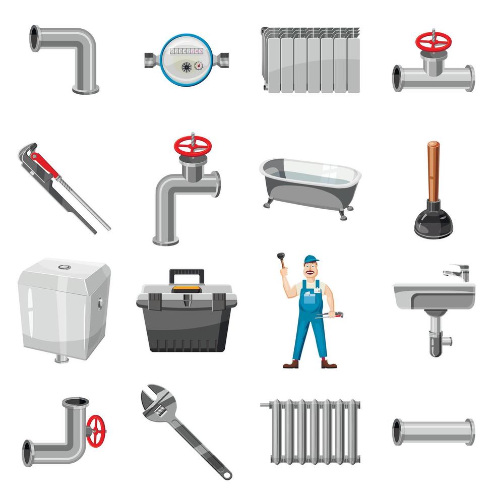 Klempner Artikel Icons Set, Cartoon-Stil vektor