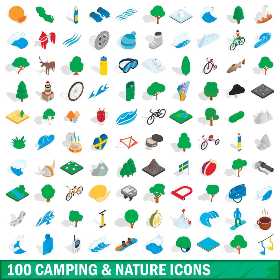 100 camping natur ikoner set, isometrisk 3d-stil vektor