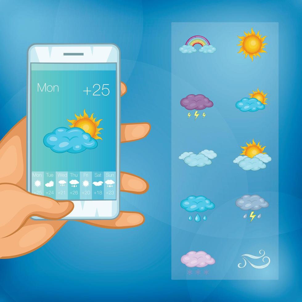 väder symboler koncept mobiltelefon, tecknad stil vektor