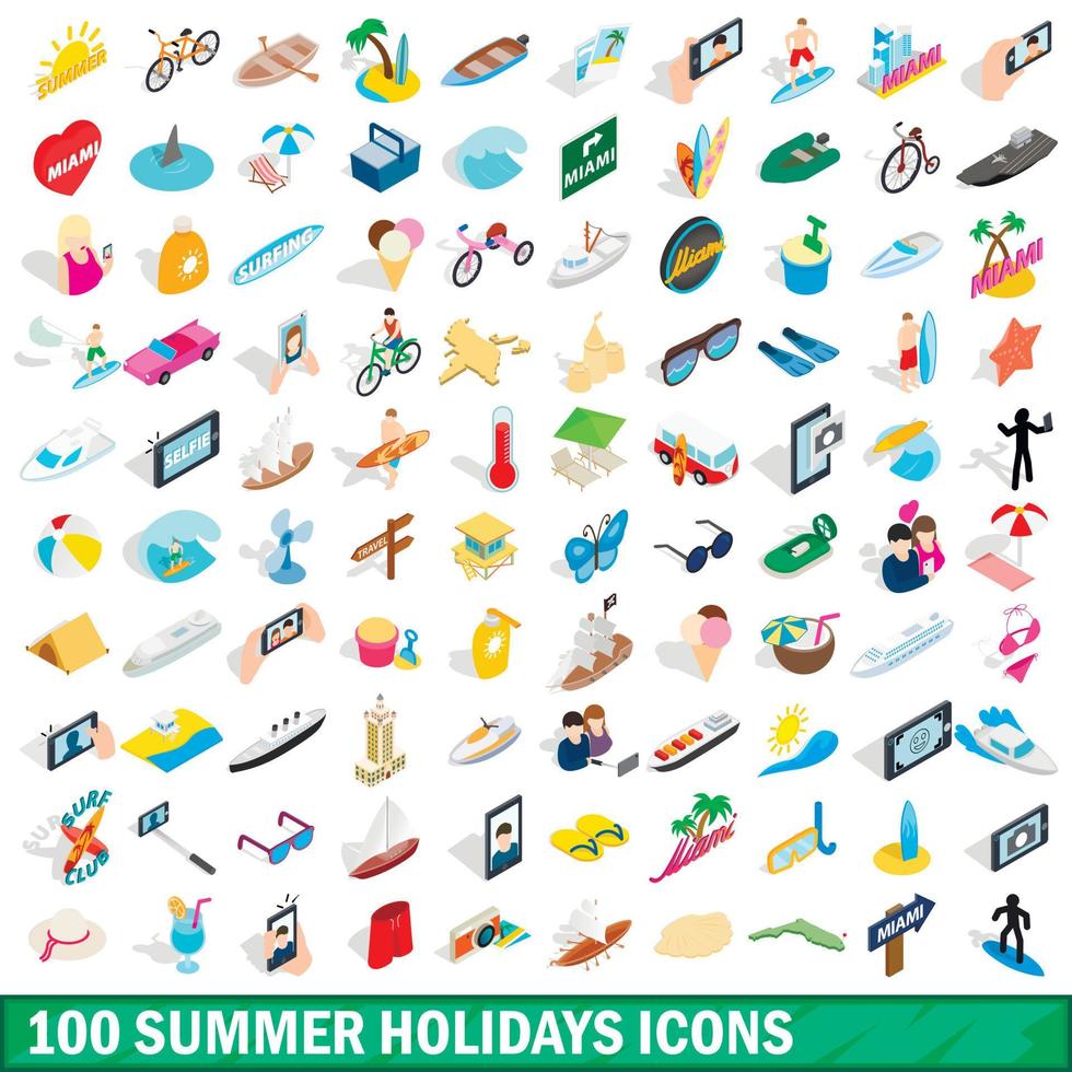 100 Sommerferien-Icons gesetzt, isometrischer 3D-Stil vektor