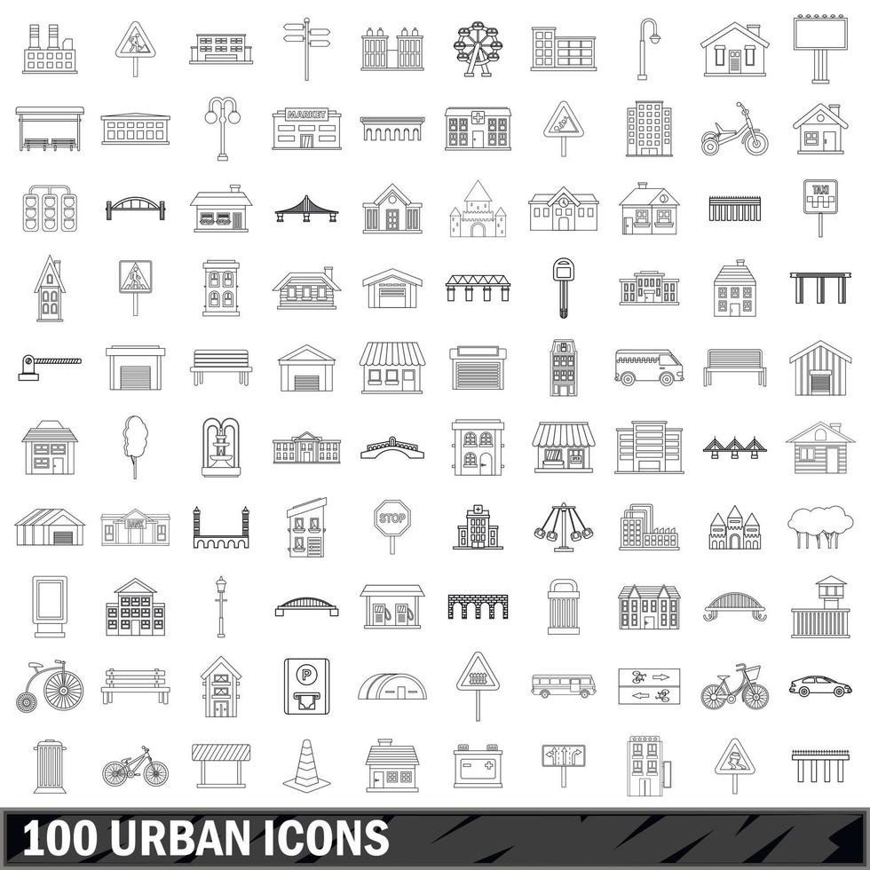 100 urbana ikoner set, konturstil vektor