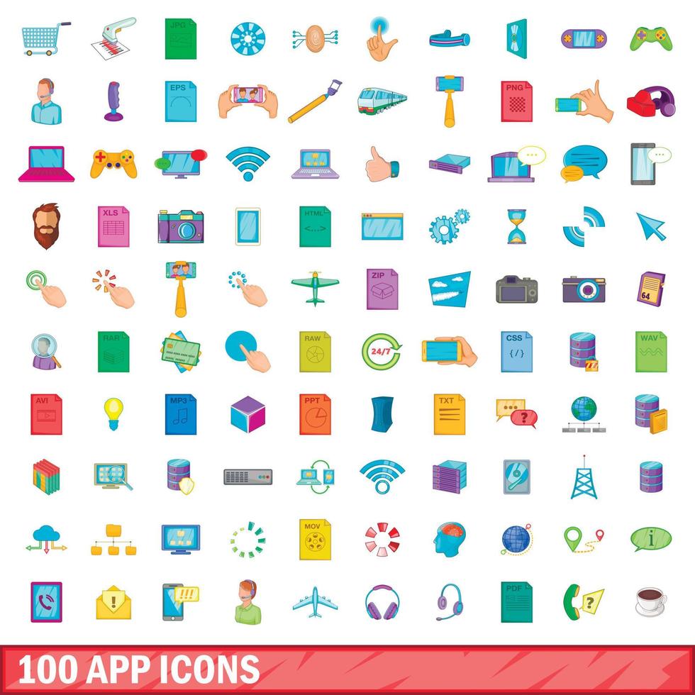 100 app ikoner set, tecknad stil vektor