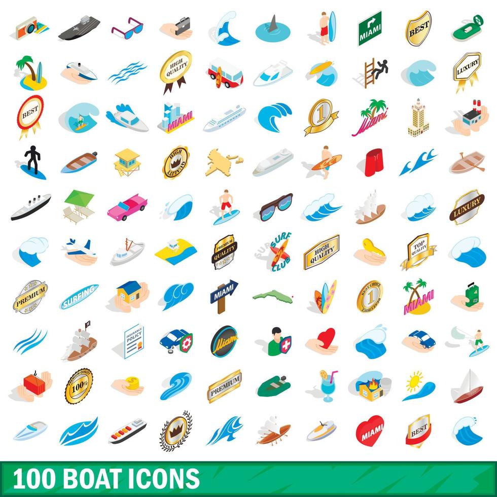 100 båtikoner set, isometrisk 3d-stil vektor