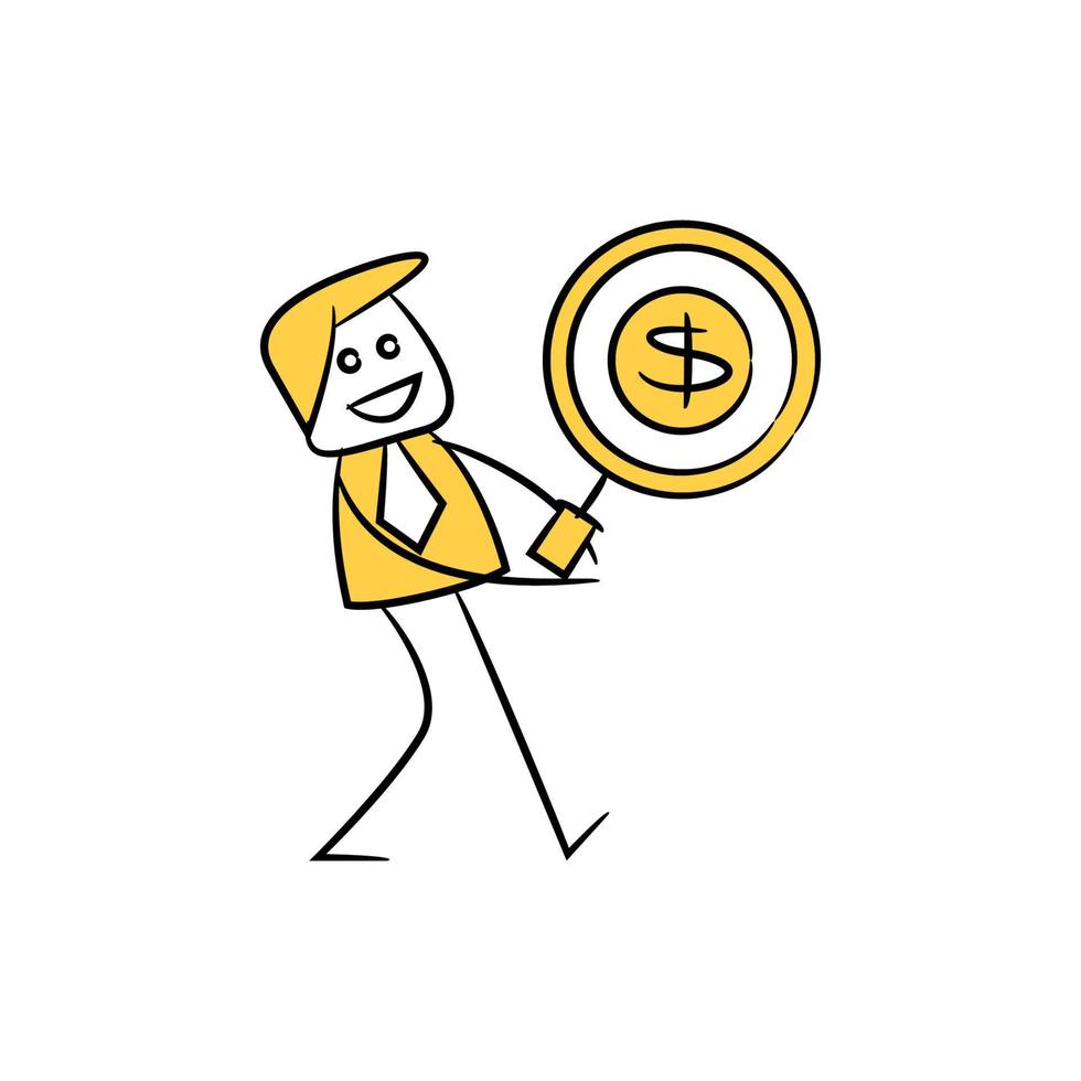 affärsman söker dollarmynt gul pinnfigur illustration vektor