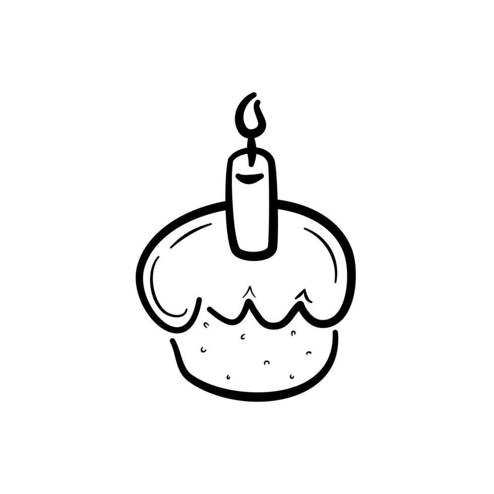 handgezeichneter geburtstagskuchen mit brennender kerze. dessert für geburtstagsfeier, feier. Vektorillustration im Doodle-Stil. vektor