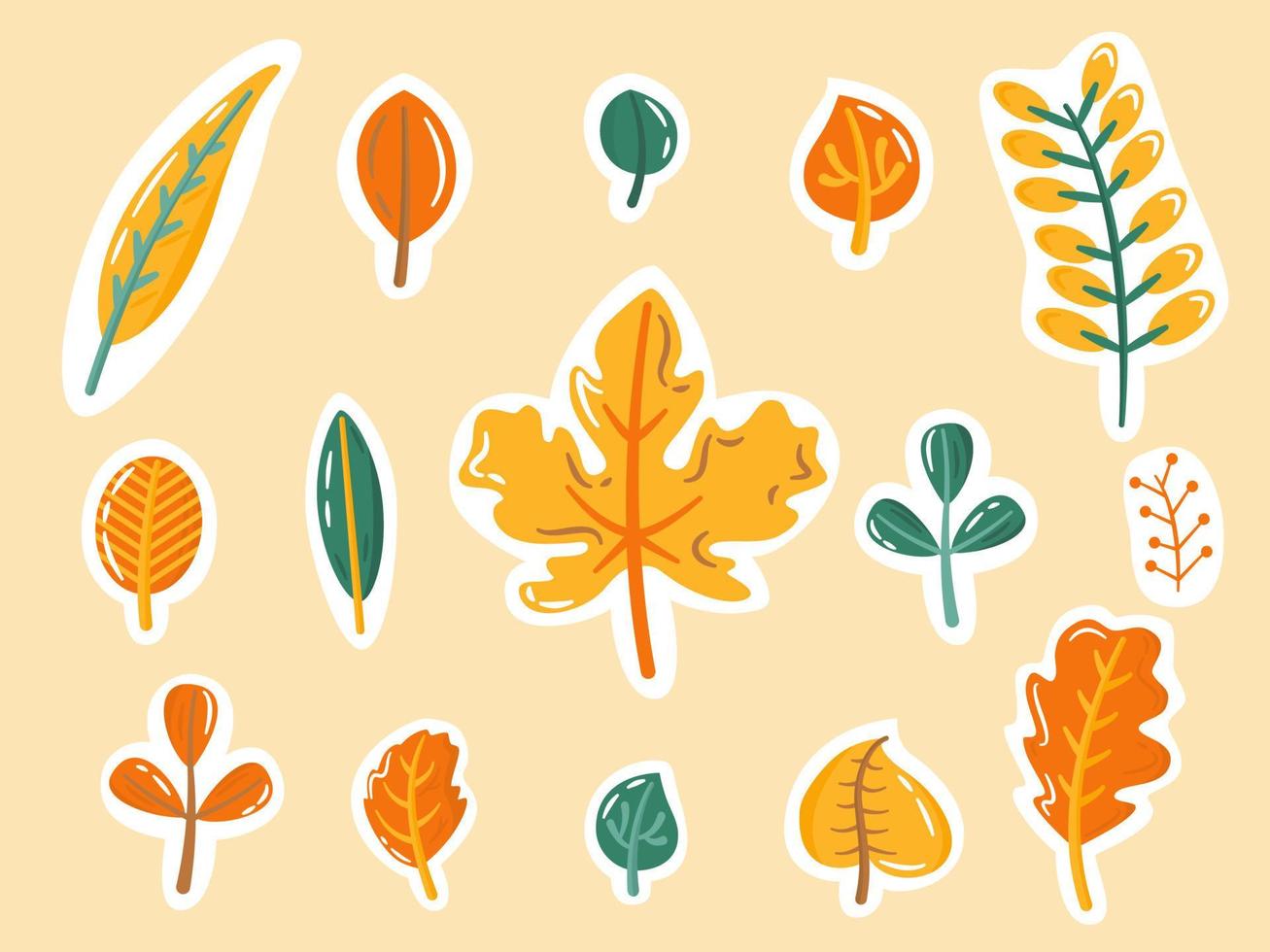 Herbstblätter-Aufkleber-Set. Herbstgelbes, orangefarbenes und grünes Laub. gestaltungselemente für organisator, tagebuch, zeitschriftendekor, scrapbooking. flache vektorillustration. vektor