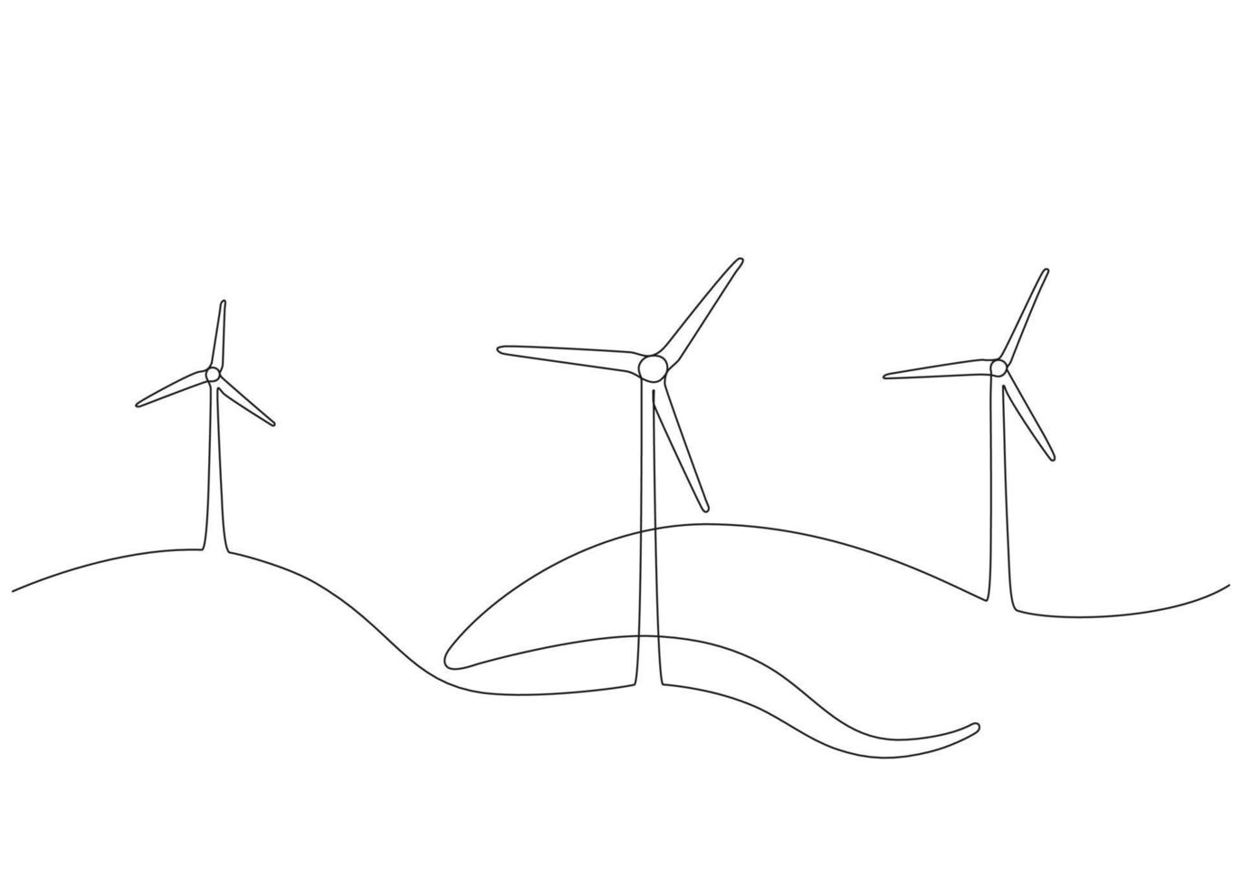 windmühle, windgeneratorenergie, einzelne durchgehende linienkunstzeichnung. windmühlenturm sparen ökologie grüne energie strom. hügelige Landschaft mit Windkraftanlagen. Vektor eine Umrissdarstellung