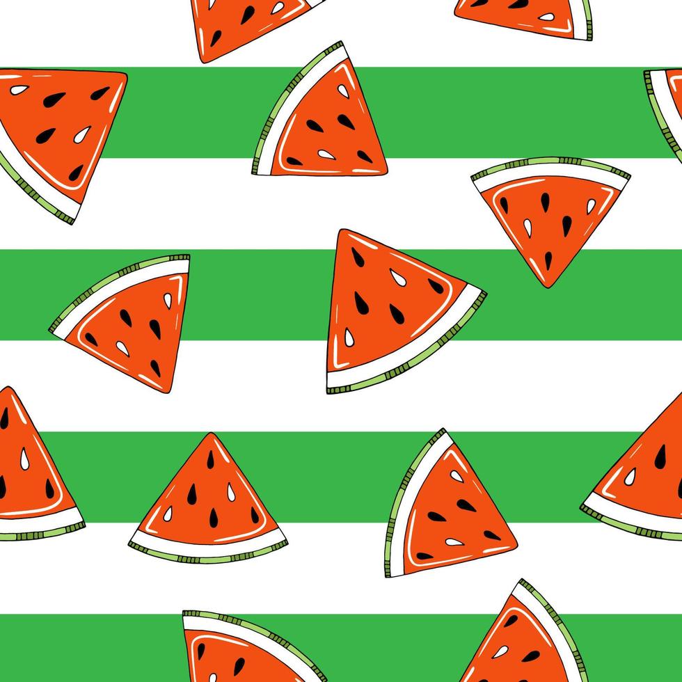 sommar sömlösa vektormönster med vattenmelonskivor på vit och grön bakgrund vektor
