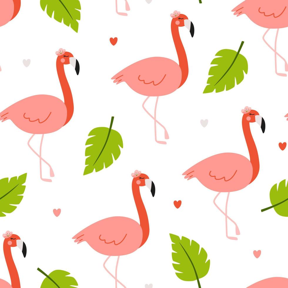 nahtloses tropisches muster mit niedlichem babyflamingo und blättern. vektorillustration mit handgezeichneten elementen im gekritzelstil für kindertextilien, verpackungspapier vektor