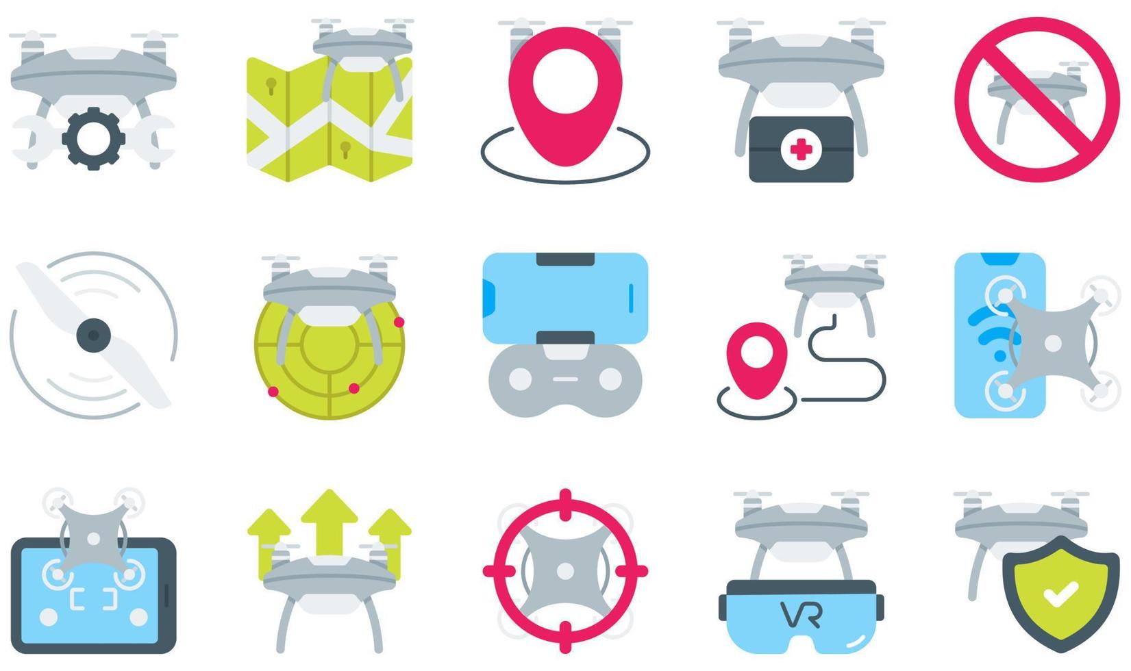 Reihe von Vektorsymbolen im Zusammenhang mit Drohnen. Enthält Symbole wie Wartung, Karte, Medizin, Propeller, Radar, virtuelle Realität und mehr. vektor