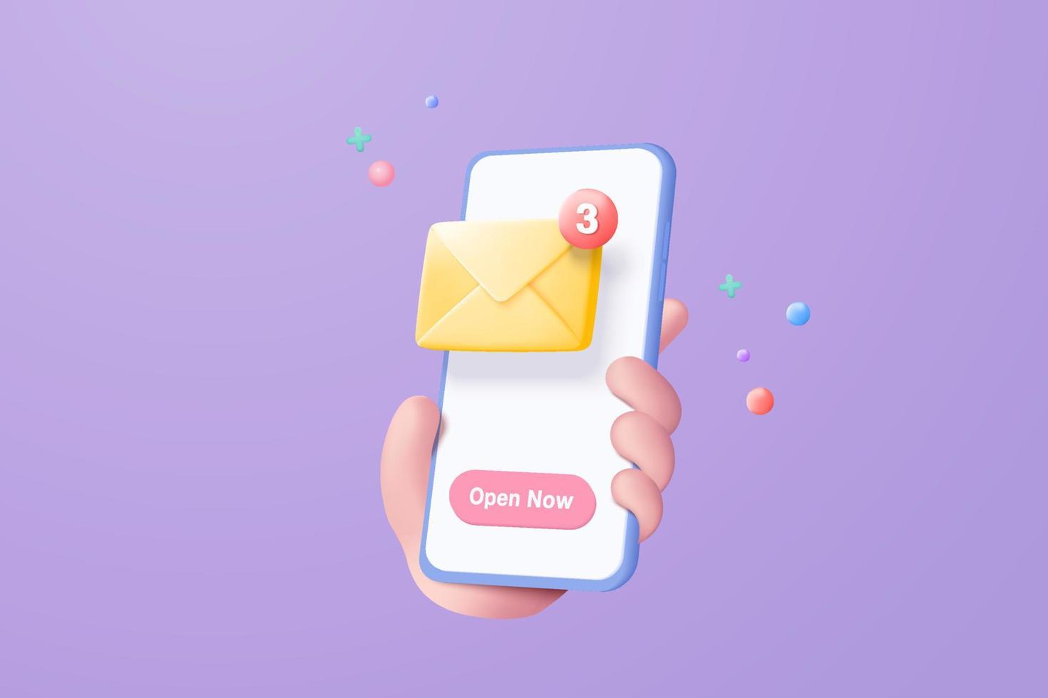 3D-postkuvertikon med meddelande nytt meddelande i hand som håller smartphone. minimalt e-brev med brevpapper läsa ikon. meddelande koncept 3d vektor gör isolerade lila pastell bakgrund