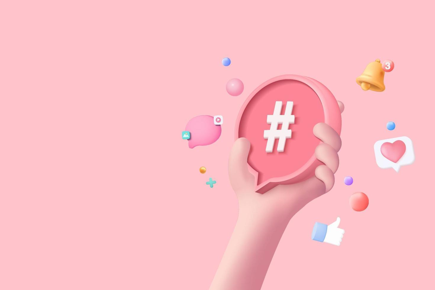 3D-Hashtag-Suchlinksymbol auf Social-Media-Benachrichtigungssymbol isoliert auf rosa Hintergrund. Kommentar-Thread-Erwähnung oder Benutzer-Antwortzeichen mit Social Media. 3D-Hashtag auf Vektordarstellung vektor