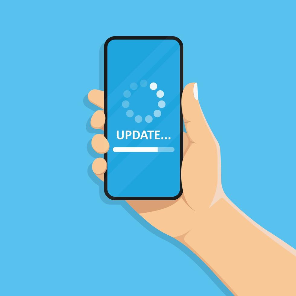 systemprogramuppdatering och uppdateringskoncept. nedladdningsprocessen på smartphonens skärm. mobiltelefon i handen. vektor