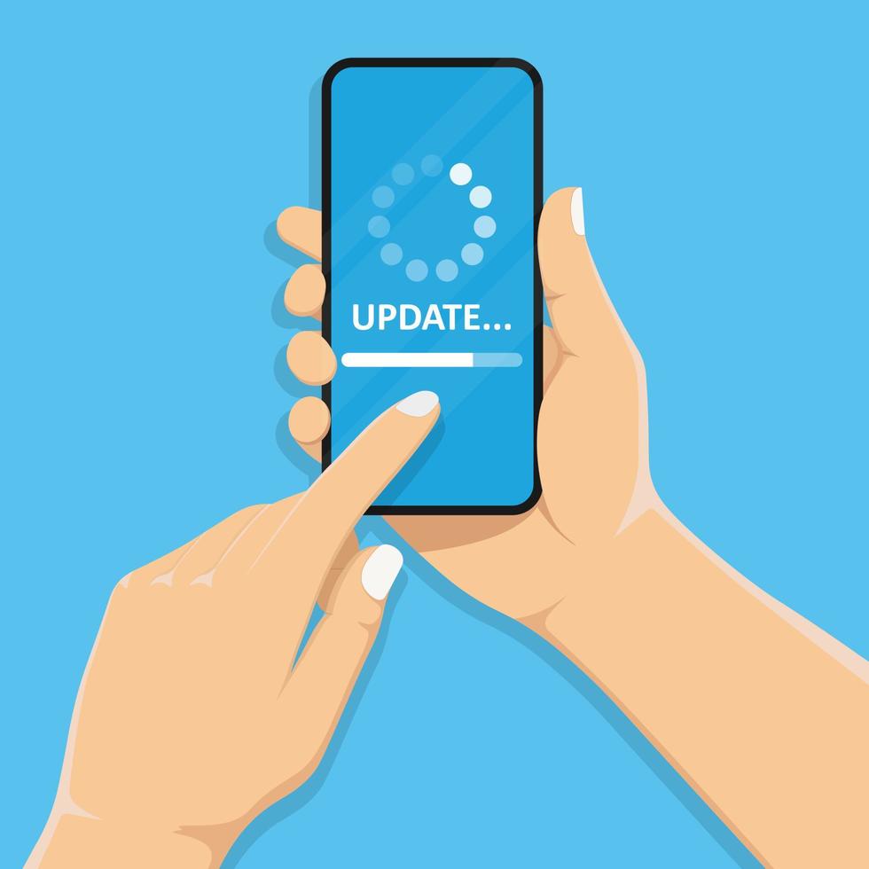 Systemsoftware-Update und Update-Konzept. Download-Vorgang auf dem Smartphone-Bildschirm. Handy in hand.finger berühren. vektor