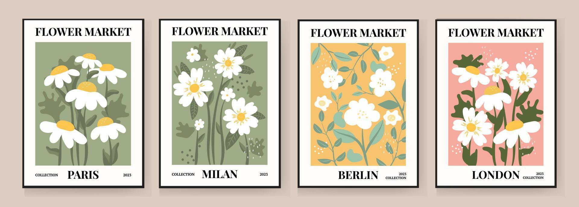 Set 1970 Gänseblümchen-Blumen-Marktplakat. abstrakte Blumenillustration. Poster für Postkarten, Wandkunst, Banner, Hintergrund, zum Drucken. Vektor-Illustration vektor