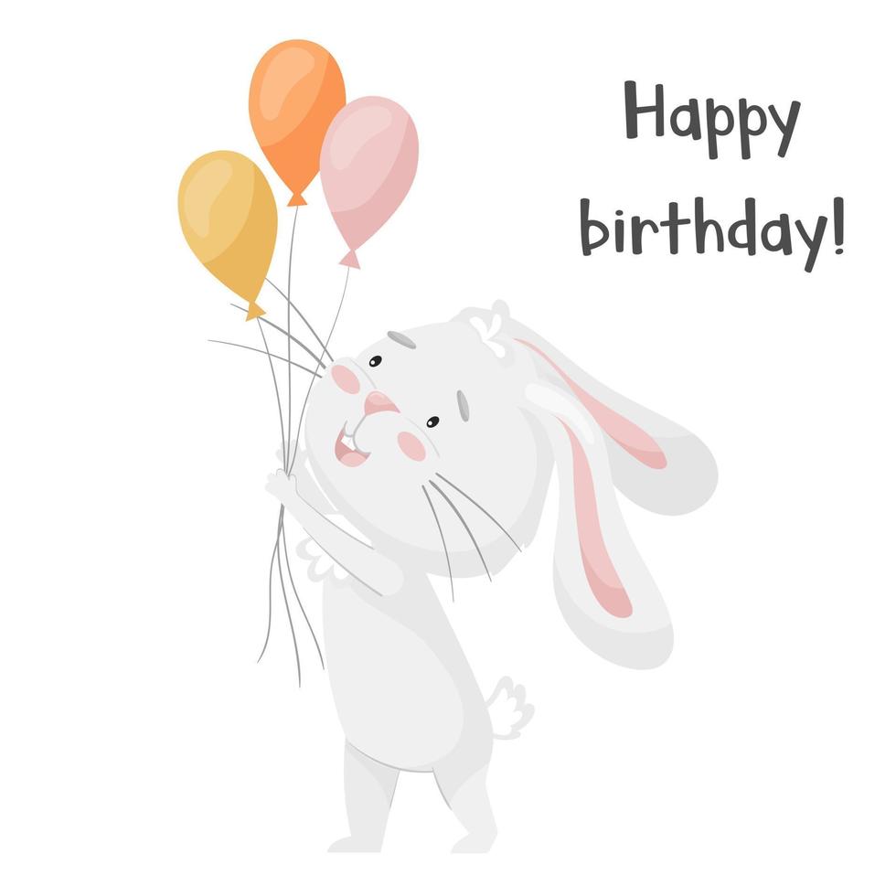 söt leende kanin håller festliga ballonger i tassarna. grattis på födelsedagen kort. bedårande djur, karaktär i pastellfärger. för kort, kläder, t-shirttryck. vektor illustration på vitt.