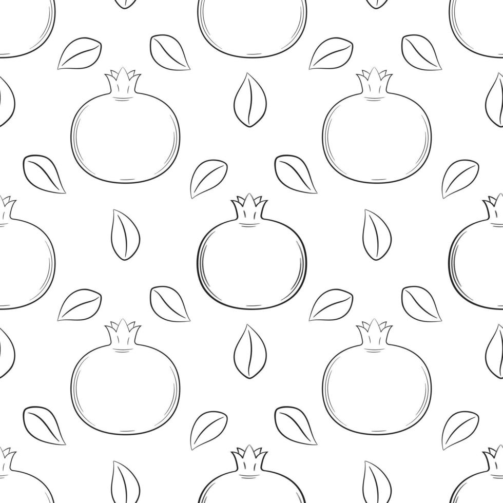 monokrom svart och vit frukt seamless mönster. handritad med granatäpplen och löv. enkel konturbakgrund för webbdesign, produktförpackning, servetter, bakgrunder. vektor illustration på vitt