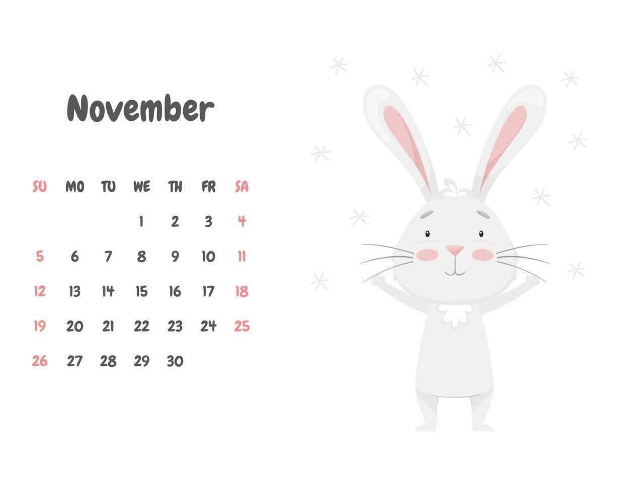 das kalenderblatt für den monat november 2023 mit einem niedlichen lächelnden kaninchen, das sich über die fliegenden schneeflocken freut. entzückendes tier, charakter in pastellfarben. Vektor-Illustration auf weißem Hintergrund vektor