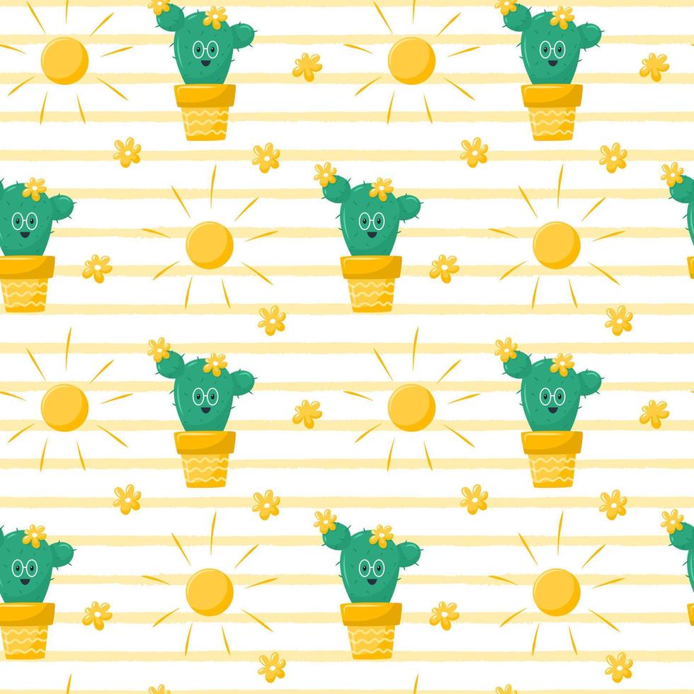 nahtloses muster mit einem süßen blühenden kaktus, einer figur mit brille, der sonne und blumen. sommervektorillustrationen in einem flachen karikaturstil auf einem weißen hintergrund mit gelben texturstreifen. vektor