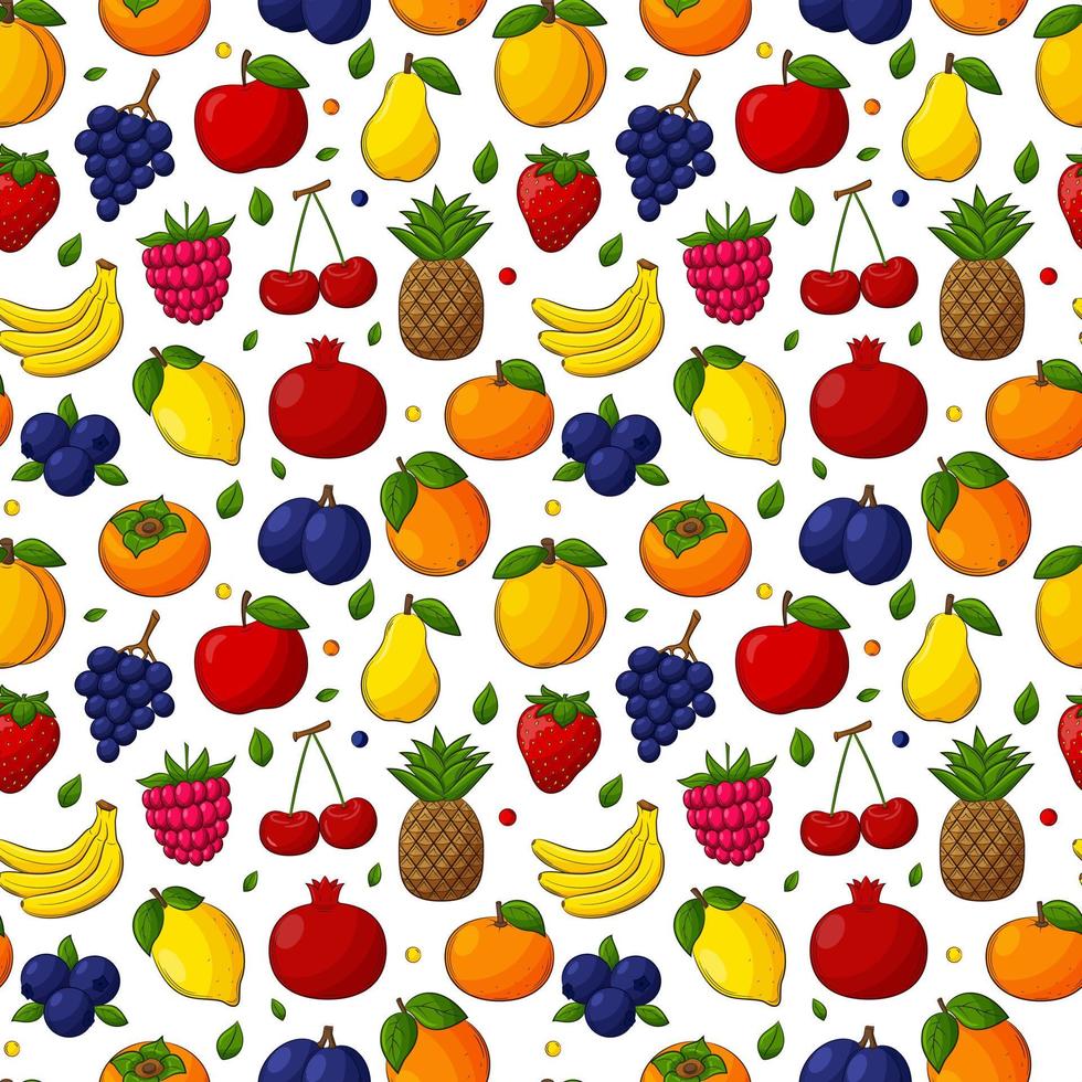 ljusa saftiga sommar frukt seamless mönster. handritad frukt med en kontur. en uppsättning frukt och bär. för sommartextilier, matförpackningar, servetter. färg vektorillustration på en vit bakgrund vektor
