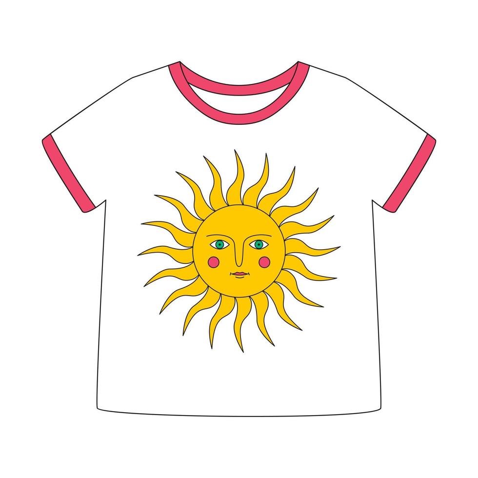 weißes T-Shirt mit kurzen Ärmeln und Retro-Sonne mit Strahlen und Augen. ein Sommerkleid. eine Farbvektorillustration mit einem Umriss, lokalisiert auf einem weißen Hintergrund. vektor