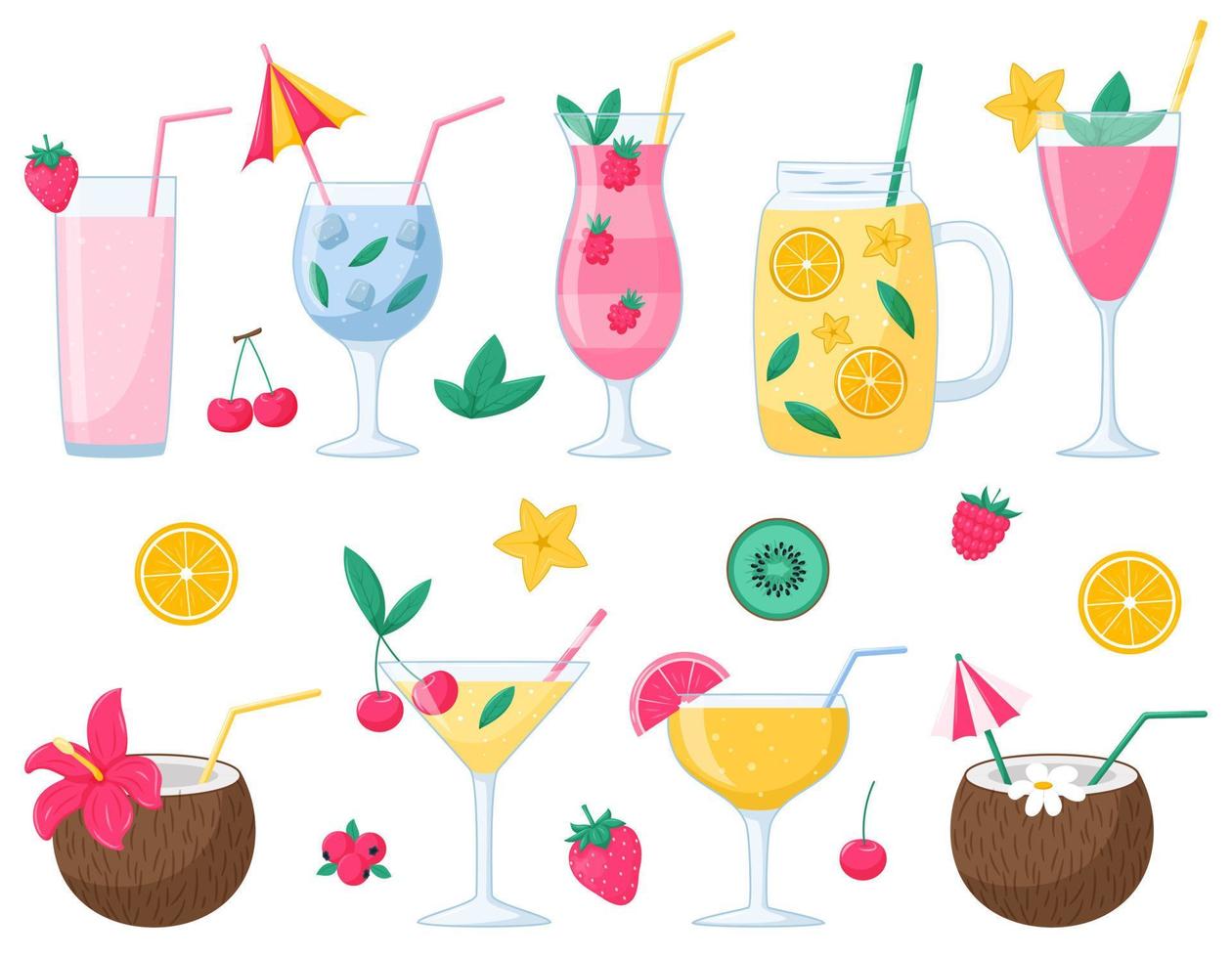 eine Reihe von Sommercocktails mit Früchten und Beeren. kalte Erfrischungsgetränke. helle sommervektorillustrationen in einem flachen karikaturstil. isoliert auf weißem Hintergrund. vektor