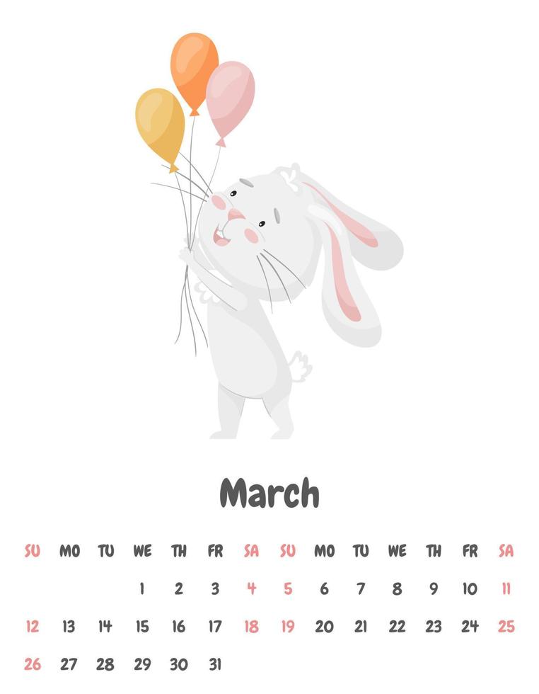 kalendersidan för mars månad 2023 med en söt leende kanin som håller festliga ballonger i tassarna. bedårande djur, en karaktär i pastellfärger. vektor illustration på en vit bakgrund