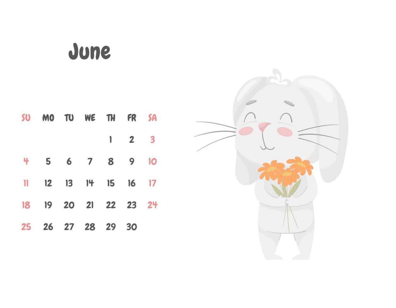 kalenderseite für den monat juni 2023 mit einem niedlichen lächelnden kaninchen, das einen strauß frühlingsblumen hält. entzückendes tier, eine figur in pastellfarben.kinderkalender. vektorabbildung auf weiß vektor