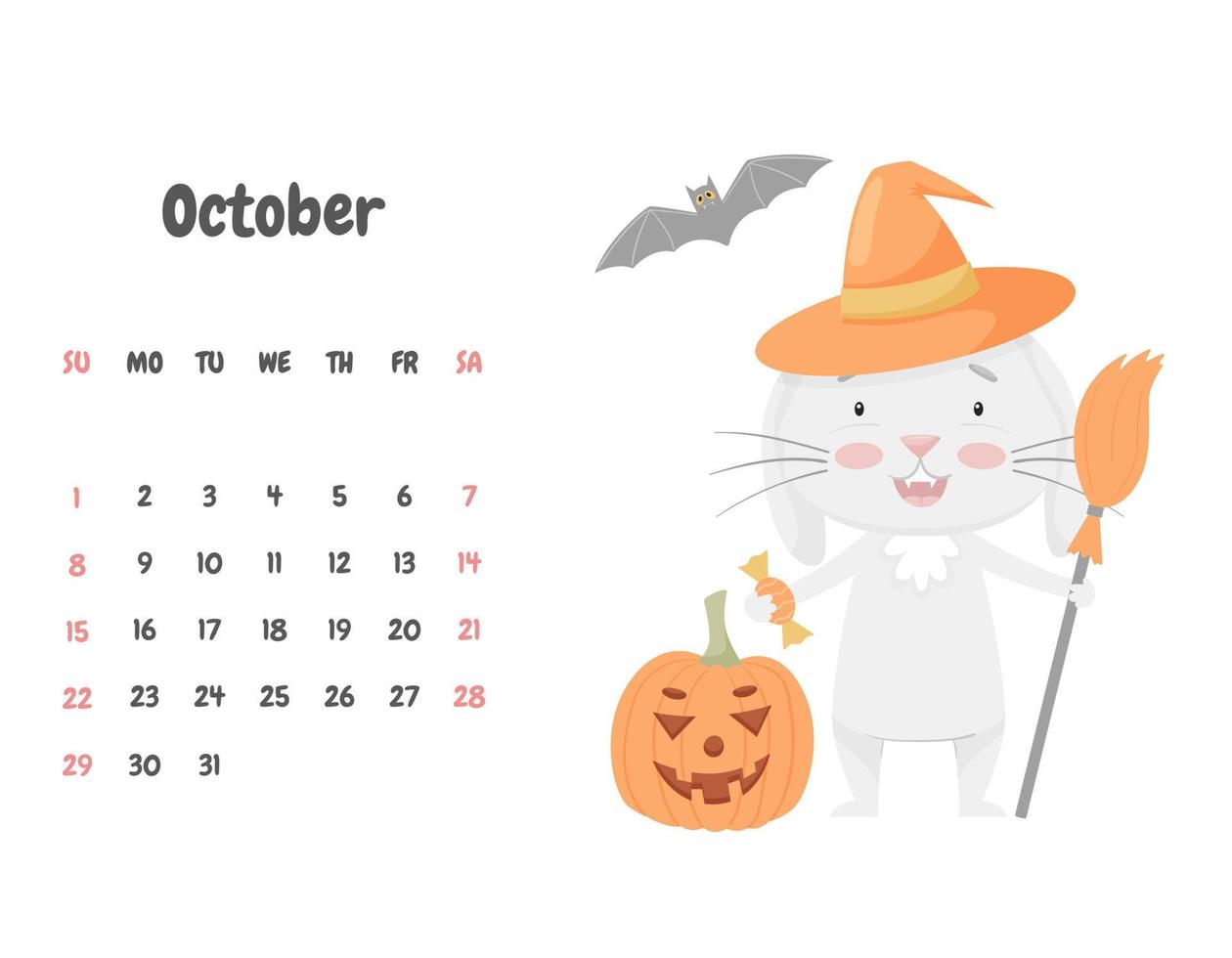 kalendersida för oktober 2023 med en söt leende kanin i hatt, med en kvast och en halloweenpumpa. bedårande djur, karaktär i pastellfärger. barnkalender. vektor illustration på vitt