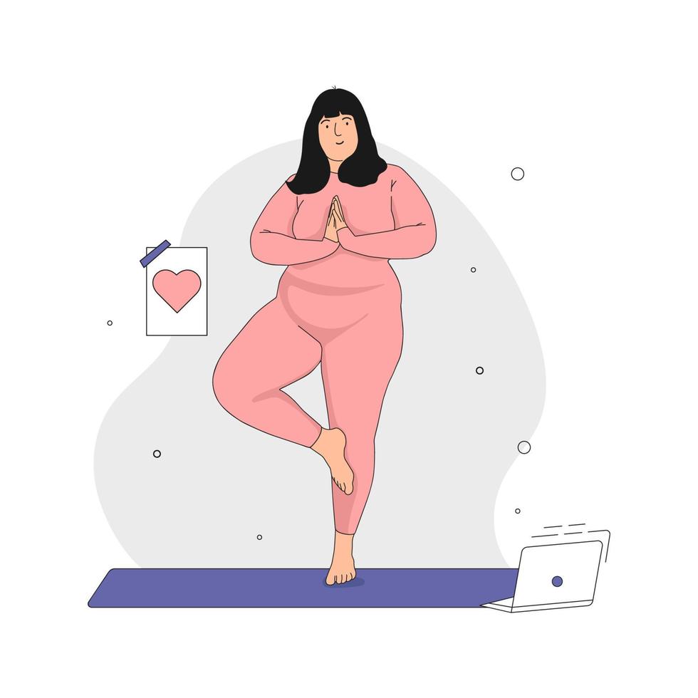 niedliche Frau in Übergröße, die Yoga macht, um sich sicher zu fühlen. körperpositiv- und akzeptanzkonzept. Vektor-Illustration. vektor