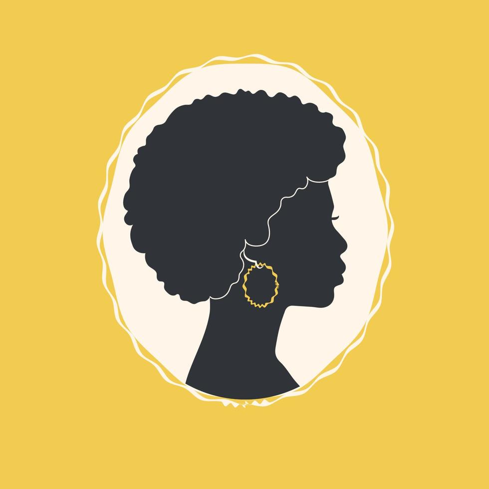 porträtt vacker afro kvinna. siluett av afrikansk flicka i profil med örhängen. sidovy av afrikansk amerikansk kvinna med naturligt hår. vektor illustration.