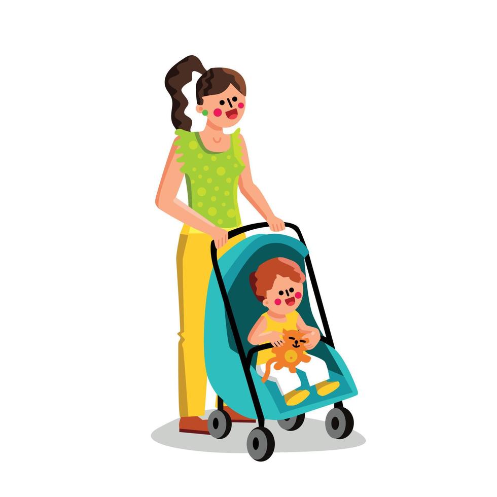 Frau, die kleines Kind im Kinderwagenbabyvektor trägt vektor