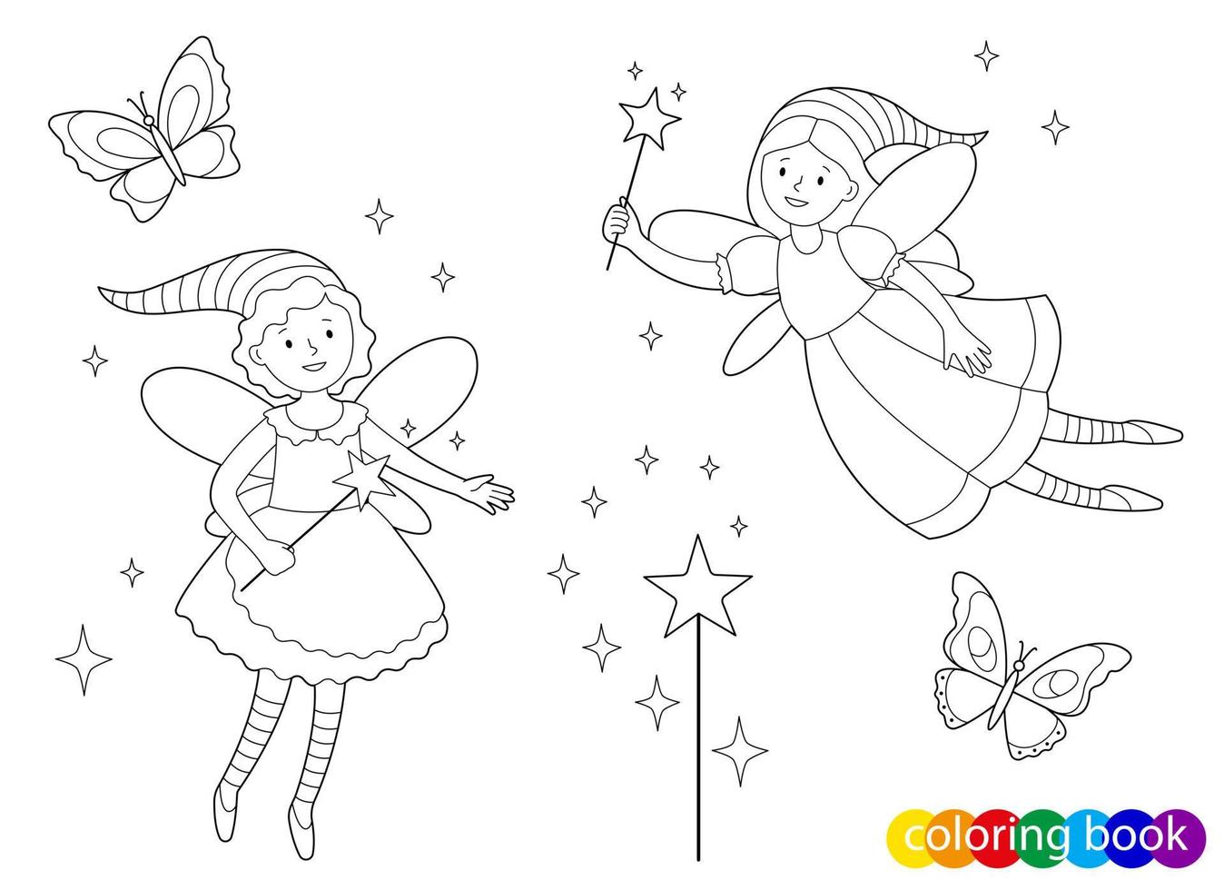 sagoälvor med trollstavar och fjärilar för designelement barn målarbok sida vektor