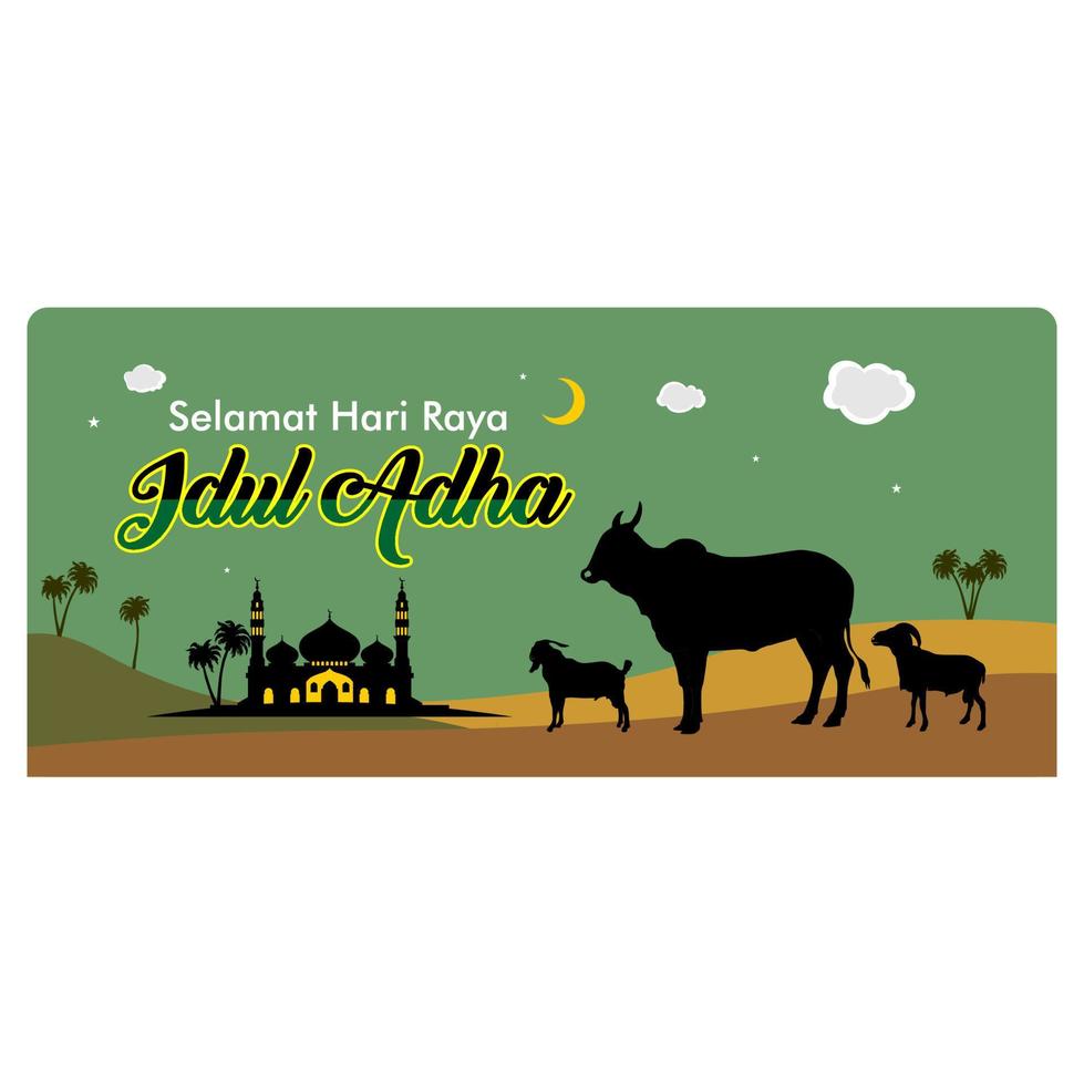 eid al adha hälsningar med siluett get, ko och moské. selamat hari raya idul adha översätts till eid al adha mubarak. inlägg på sociala medier. banner koncept bakgrund vektor